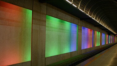 Multicoloured wall in train station